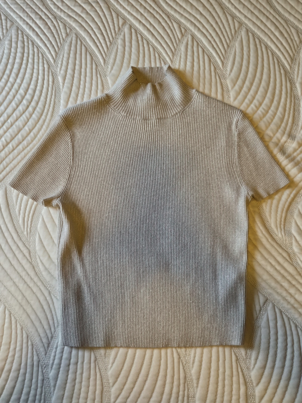 Calvin Klein Ribbed Short Sleeve Mock Neck Top - Glittery Grey